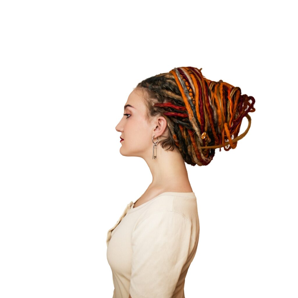 young woman with dreadlocks portrait profile, Photo portrait side view of space isolated on white